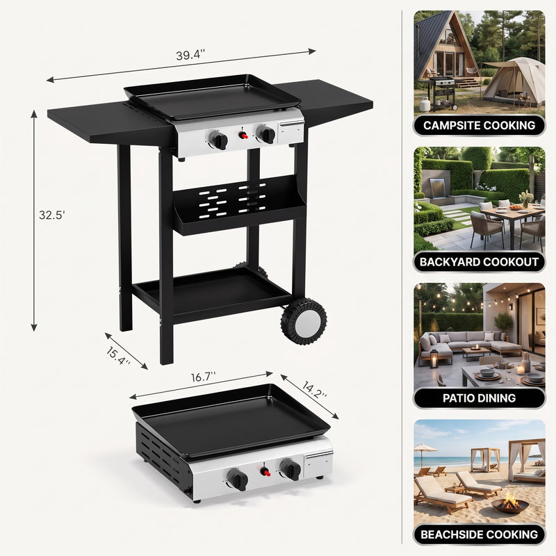 2 & 3 BURNER PORTABLE PROPANE FLAT TOP GRIDDLE – 20,000–45,000 BTU OUTDOOR GRIDDLE WITH SIDE SHELVES & CART - 4
