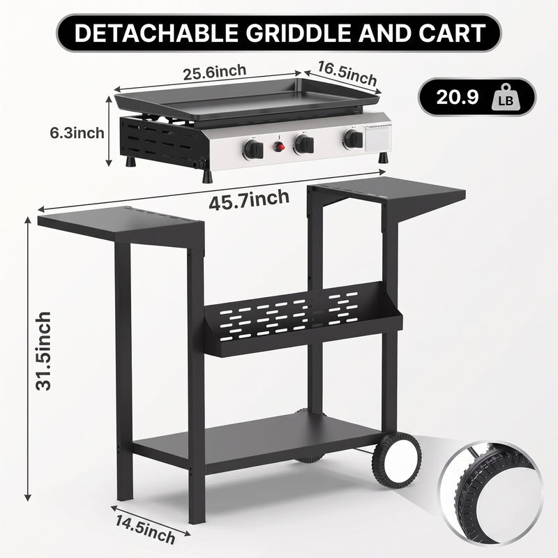 2 & 3 BURNER PORTABLE PROPANE FLAT TOP GRIDDLE – 20,000–45,000 BTU OUTDOOR GRIDDLE WITH SIDE SHELVES & CART - 4