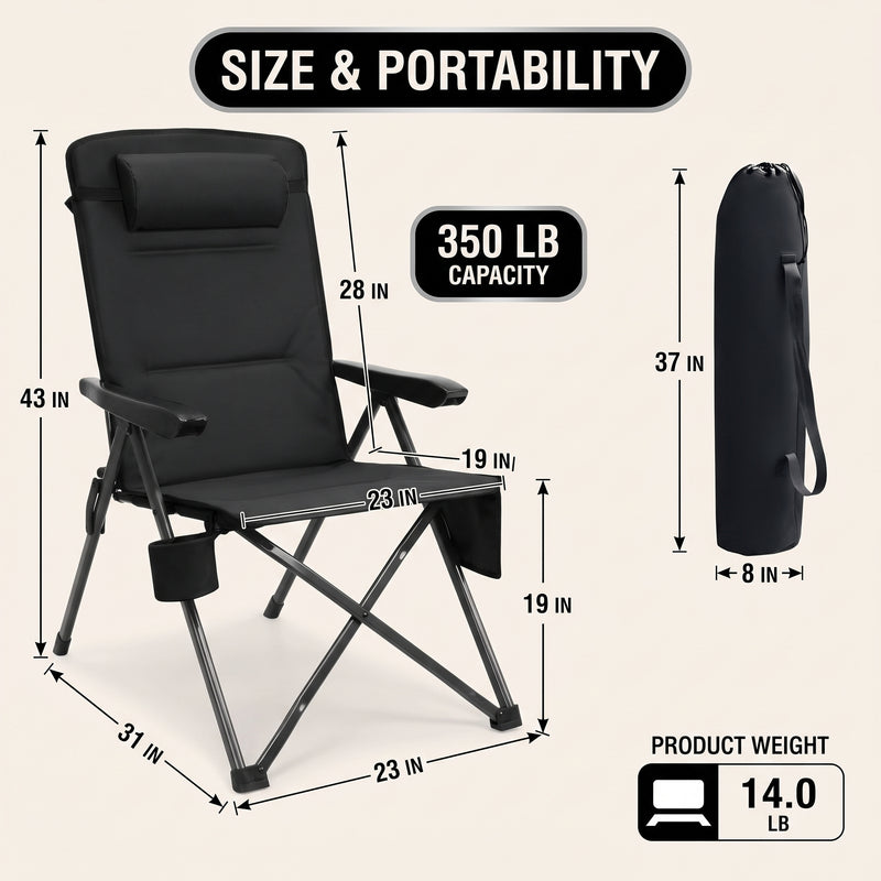 Reclining Camping Chair – 3-Position High-Back Folding Chair with Lumbar Support - 4
