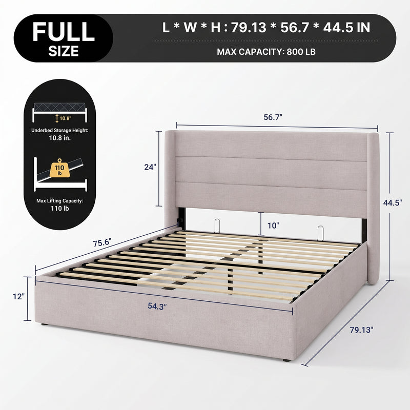 Lift-Up Storage Bed Frame with Upholstered Wingback Headboard - 4