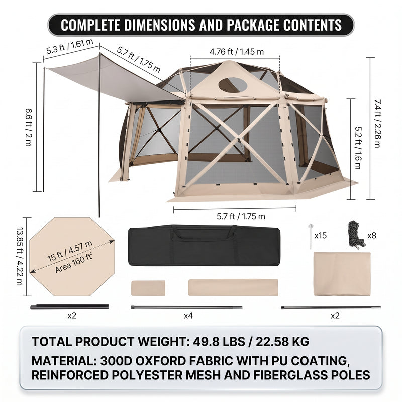 15x15 Pop-Up Gazebo Screen Tent – Large Outdoor Screen House with Mesh Walls & Carry Bag - 4