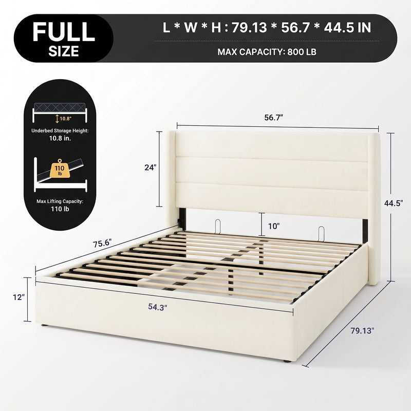 Lift-Up Storage Bed Frame with Upholstered Wingback Headboard - 4