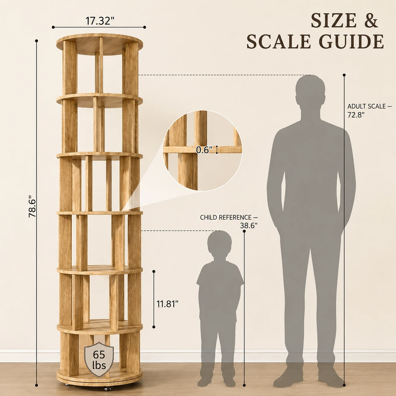Rotating Bookshelf Tower – 360° Spinning Bookcase | 5 & 6-Tier, Solid Wood & MDF - 4