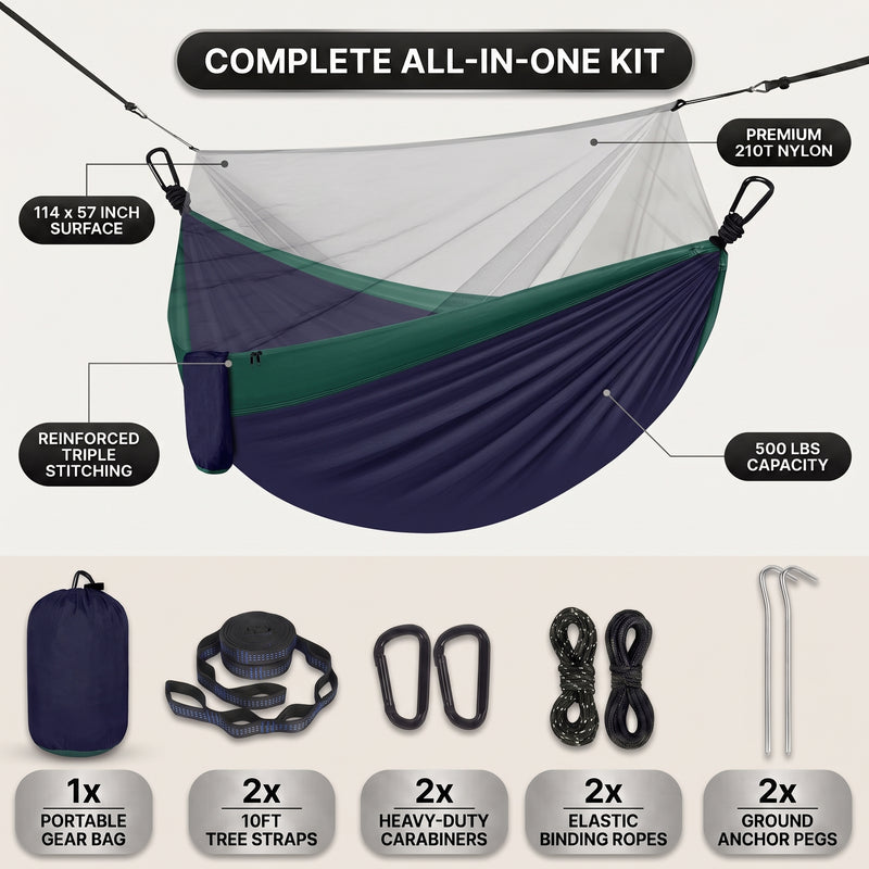Camping Hammock with Mosquito Net – 1-2 Person, Nylon - 4