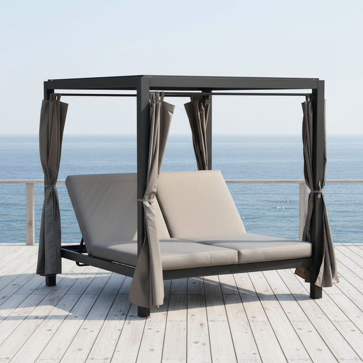 Large Outdoor Daybed Gray - 13.5ft Steel Metal Adjustable Day Bed with Reclining Back, Canopy & Thick Taupe Cushions for Patio