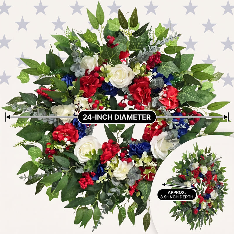 4TH OF JULY WREATH FOR FRONT DOOR – RED, WHITE & BLUE PATRIOTIC DÉCOR - 4