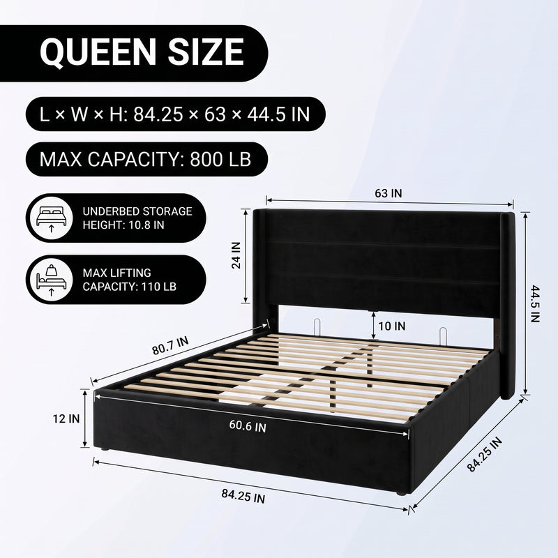 Lift-Up Storage Bed Frame with Upholstered Wingback Headboard - 4