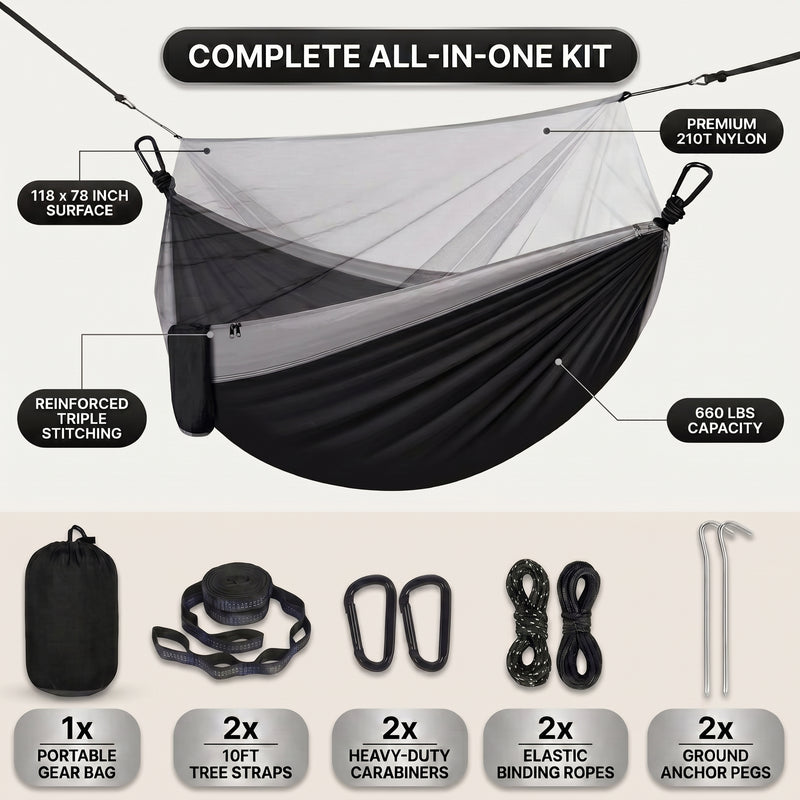 Camping Hammock with Mosquito Net – 1-2 Person, Nylon - 4