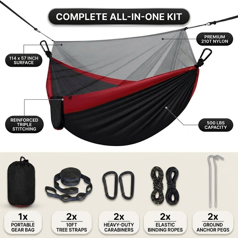 Over 600lbs Hammock, 1-2 person, Nylon with Mosquito Net - 4