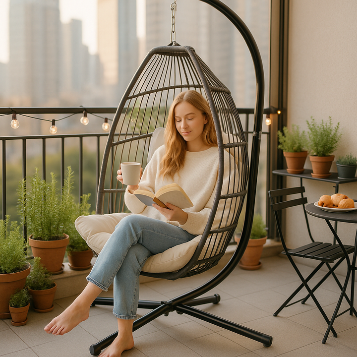 Outdoor Patio Wicker Folding Swing Hammock Egg Chair With Cushion And Pillow, Beige - 330lb Capacity Single Hanging Chair with Steel Stand for Indoor/Outdoor Relaxation