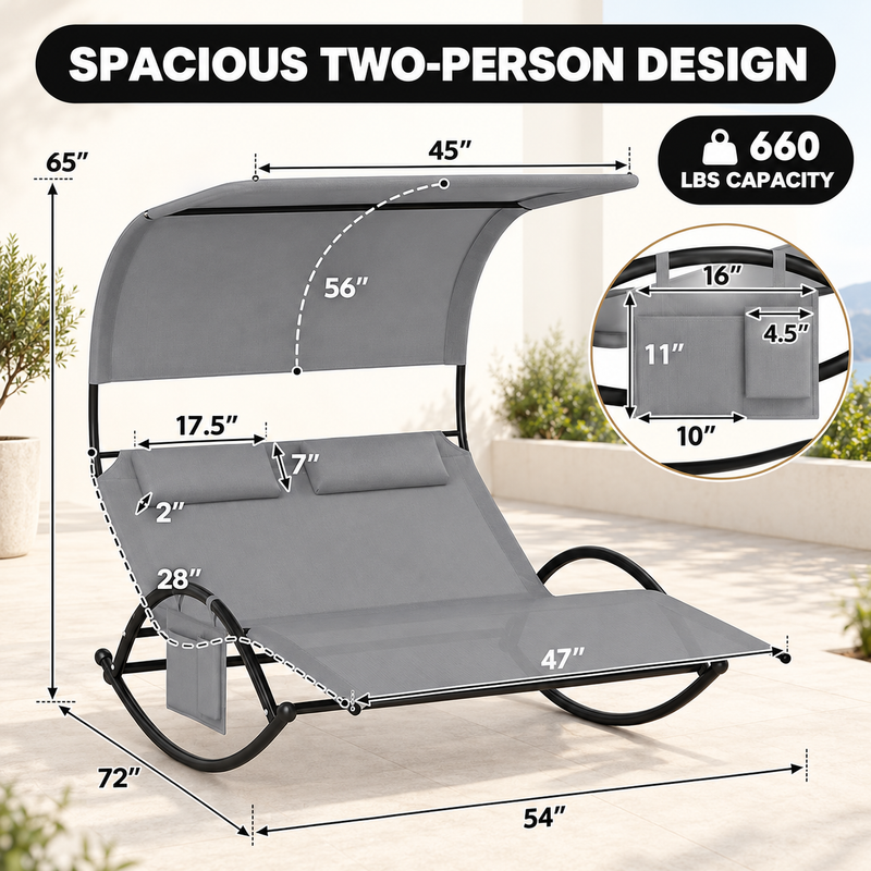 Outdoor Chaise Lounger with Canopy – Single & Double 2-Person Patio Sun Lounger with Cushions & Headrest - 4