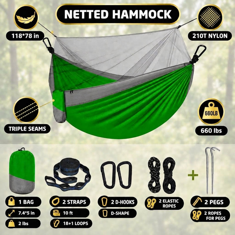 DOUBLE CAMPING HAMMOCK WITH REVERSIBLE BUG NET – 2 PERSON, 660 LB - 4