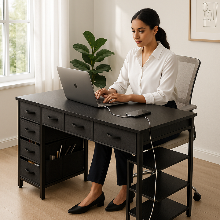 PowerStation Pro 47" Computer Desk with 7 Drawers & Smart Power Hub – Black Gaming Workstation