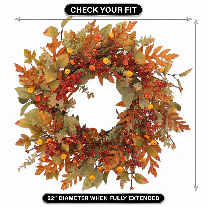 22-Inch Artificial Fall Wreath for Front Door – Berry, Pumpkin & Floral Styles - 4