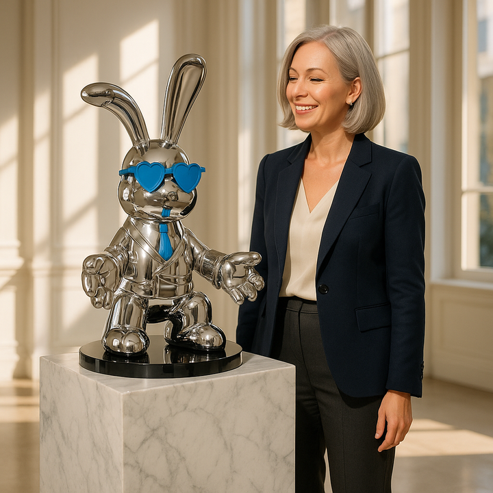 Exclusive Sitting Rabbit with Blue Tie and Glasses Chrome Sculpture - Premium 25" Meditation Art Collection