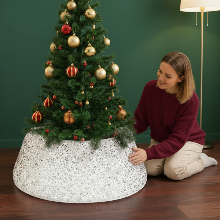 Christmas Tree Stand Cover 22Inch Round Tree Floor Mat Shimmer Tree Cover Mat Sequin Glitter Tree Skirts Vintage Tree Cover