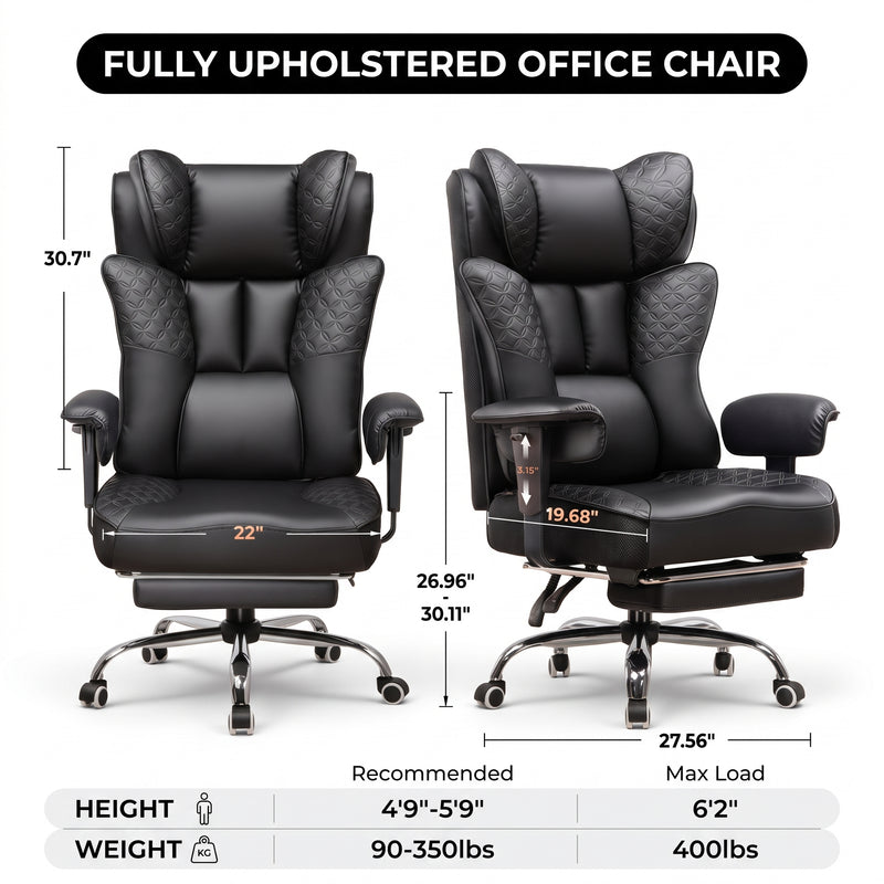 Big & Tall Office Chair with Footrest – Reclining Ergonomic Executive Chair, Wide Memory-Foam Seat, Adjustable Height - 4