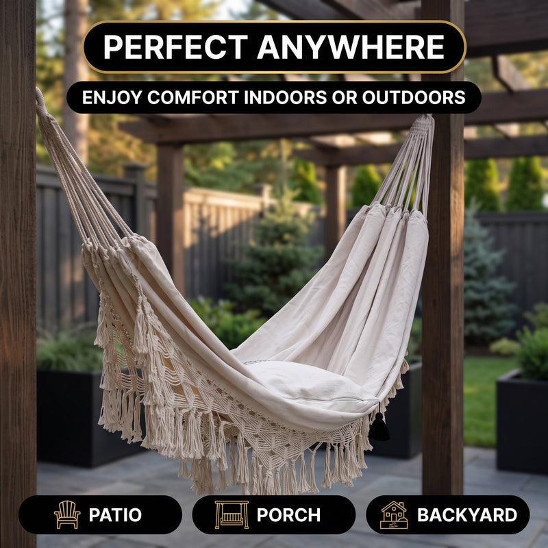 Boho Macrame Double Hammock Swing with Tassels – 2 Person Hanging Chair for Indoor & Outdoor Relaxation - 4