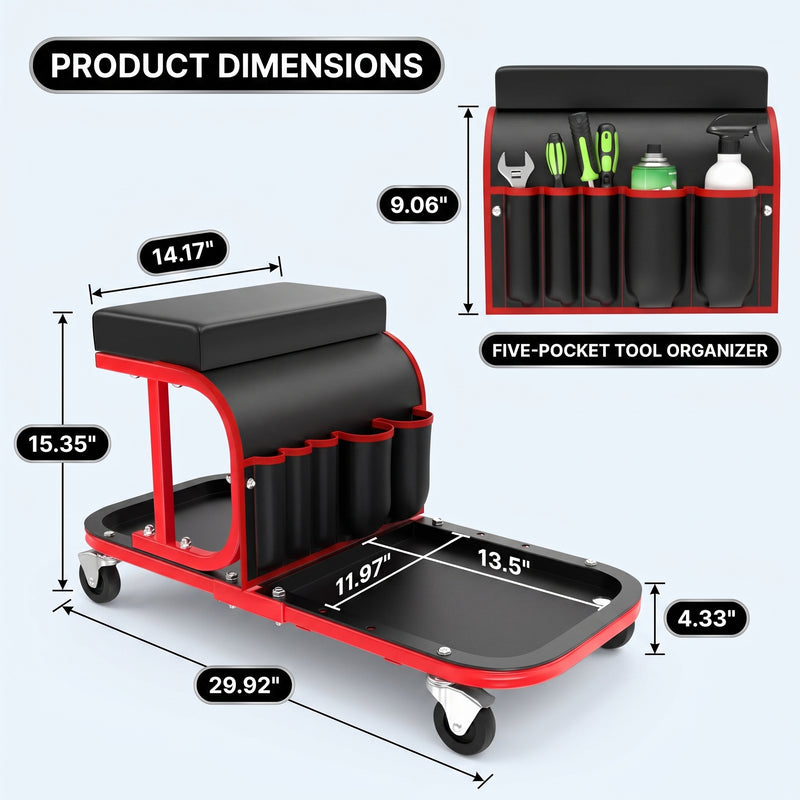 Rolling Mechanic Stool with Tool Tray - Creeper Seat with Wheels for Garage & Shop, Rolling Work Stool with Wheels for Mechanics, Auto Repair Workshop - 4