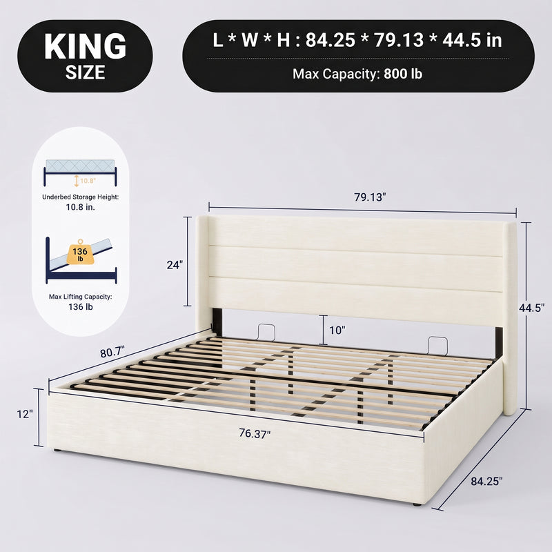 Lift-Up Storage Bed Frame with Upholstered Wingback Headboard - 4