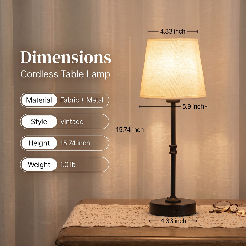 Cordless Rechargeable Table Lamp with Fabric Shade – Dimmable LED Desk Lamp - 4