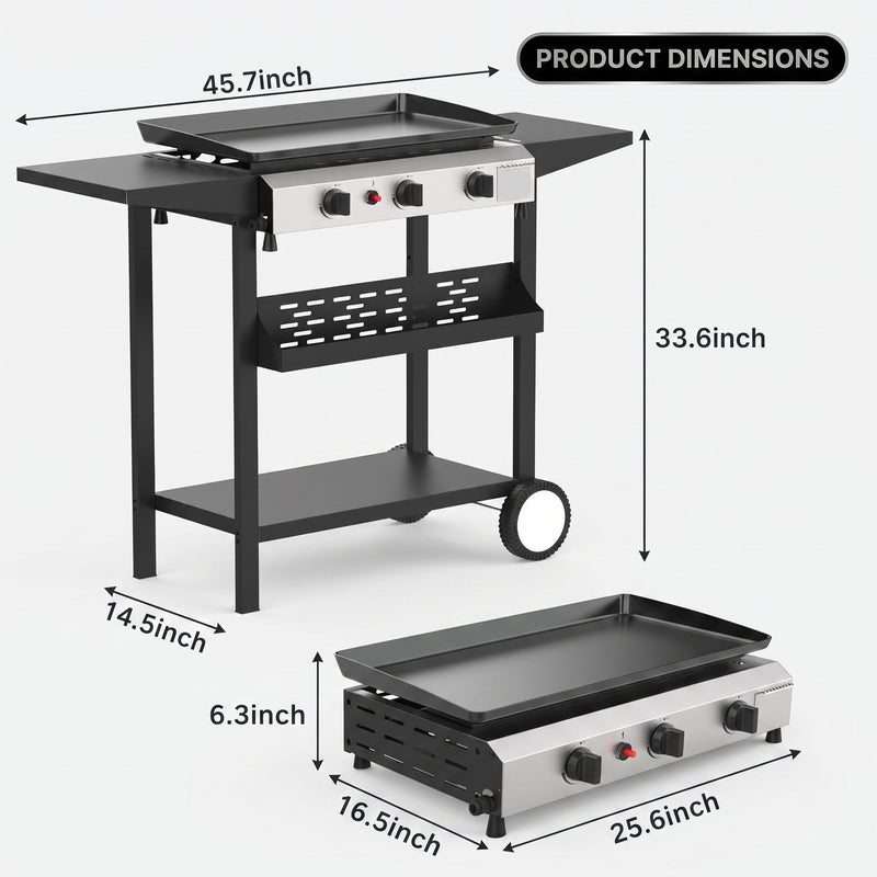 2 & 3 BURNER PORTABLE PROPANE FLAT TOP GRIDDLE – 20,000–45,000 BTU OUTDOOR GRIDDLE WITH SIDE SHELVES & CART - 4