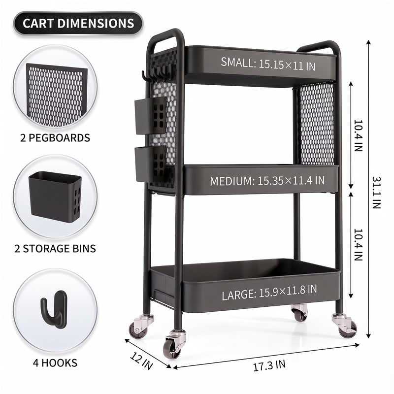 3-Tier Metal Rolling Cart – Foldable or Fixed Pegboard Styles - 4