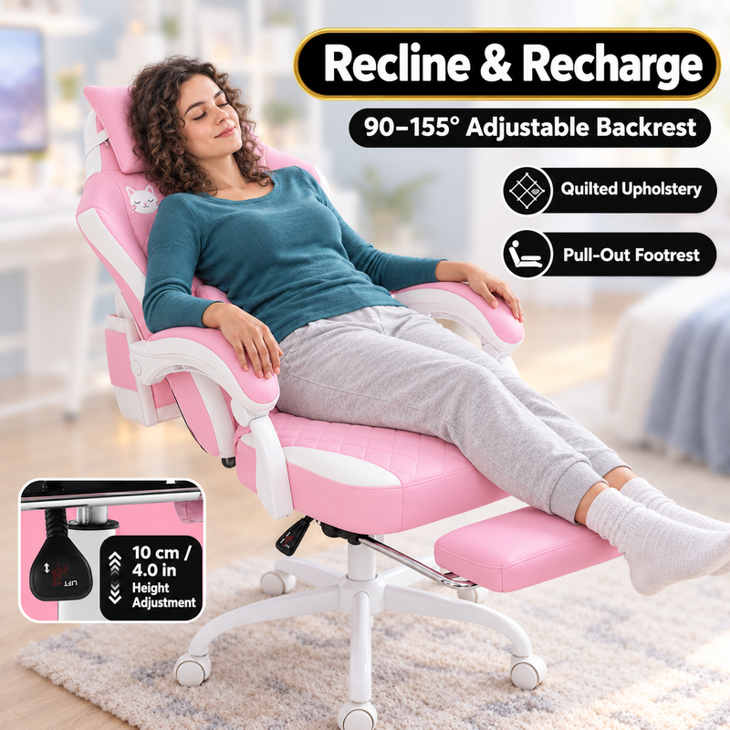 Pink Gaming Chairs – High-Back Reclining Styles with Footrest & Lumbar Support - 4