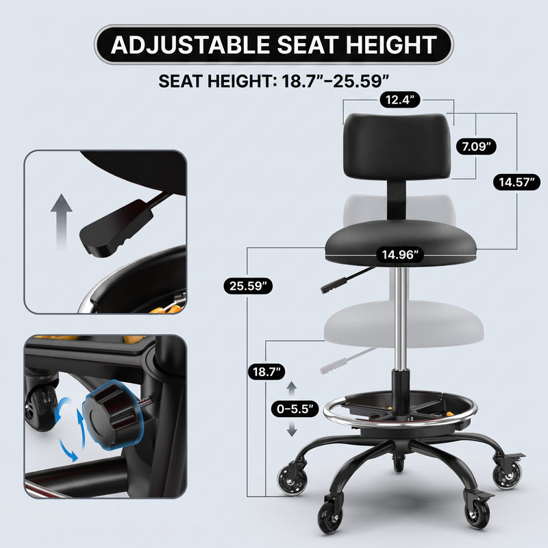 Rolling Mechanic Chair with Backrest and Footrest – Heavy Duty Shop Stool with Wheels, Adjustable Height Swivel Garage Chair - 4