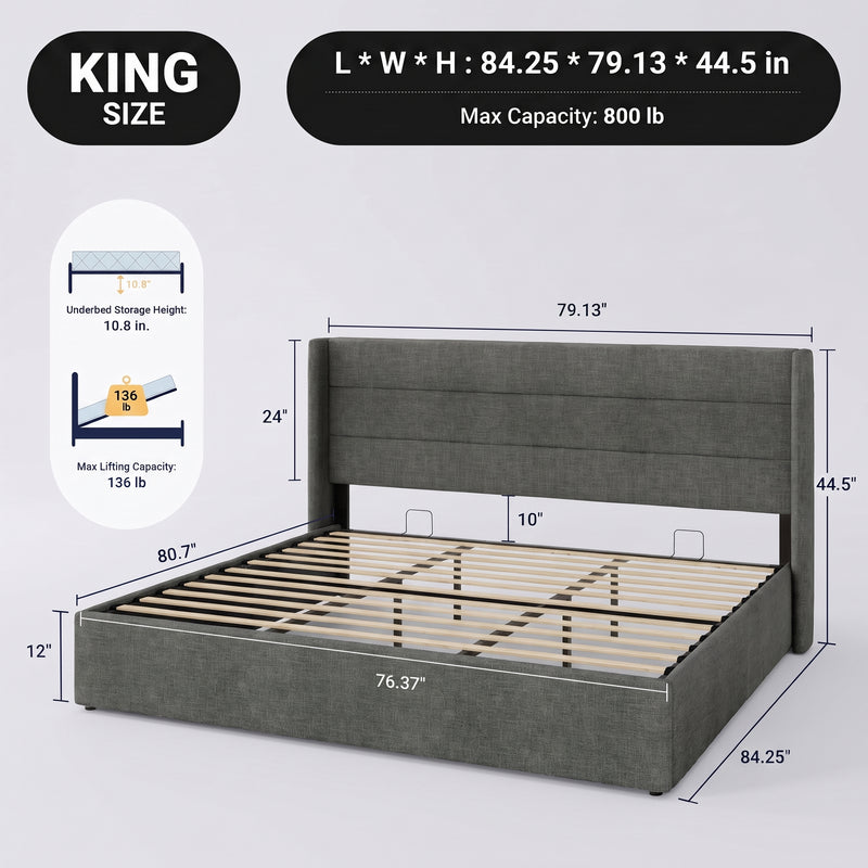 Lift-Up Storage Bed Frame with Upholstered Wingback Headboard - 4