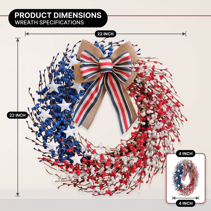 4TH OF JULY WREATH FOR FRONT DOOR – RED, WHITE & BLUE PATRIOTIC DÉCOR - 4
