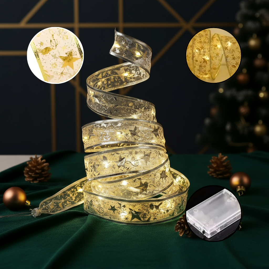 1pc New Years Christmas Lights; New Years Christmas Decoration Golden Christmas Ribbon Fairy Lights