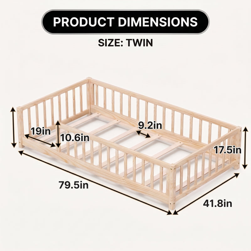 Montessori Floor Bed with Fence & Door, Wood & MDF, Safe color & stain for kids - 4