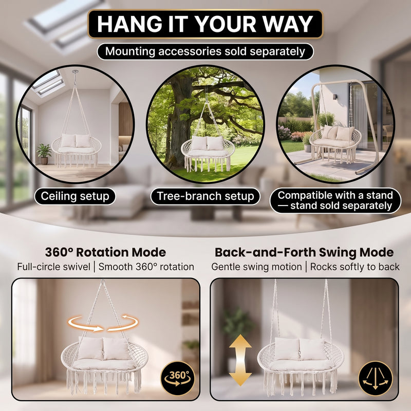 2-Person Hanging Hammock Chair with Cushion – Boho Macrame Swing for Indoor & Outdoor Relaxation - 4