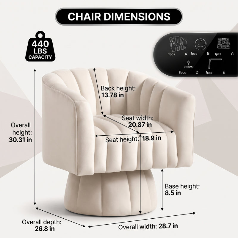 Swivel Accent Chair - Velvet 360° Barrel Chair, Mid-Century Modern Round Armchair for Living Room, Bedroom & Lounge - 4