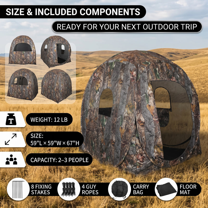 Hunting Blind with Floor Mat, 360 Degree See Through Ground Blind with Carrying Bag, 2/3/4 Person Pop Up Camouflage Tent Portable Concealed Shelter - 4