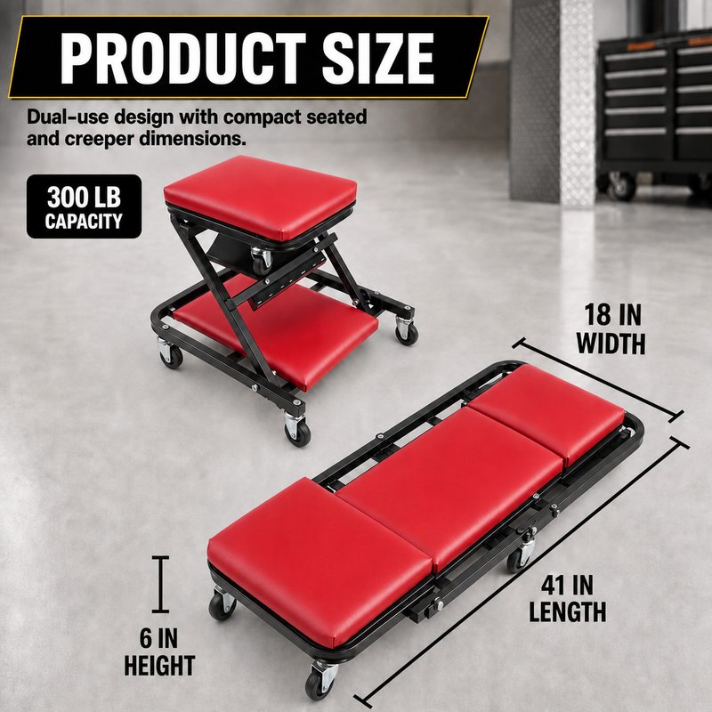 2-in-1 Convertible Z-Creeper Seat - Rolling Mechanic Creeper with Wheels, Under Dash Creeper & Garage Chair for Auto Repair, Low Profile Roller Seat - 4