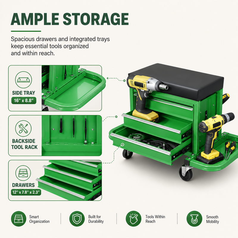 Mobile Mechanic Toolbox Seat with Drawers - Rolling Mechanic Stool with Sliding Tool Tray, Shop Stool with Wheels for Garage & Workshop, Auto Repair - 4