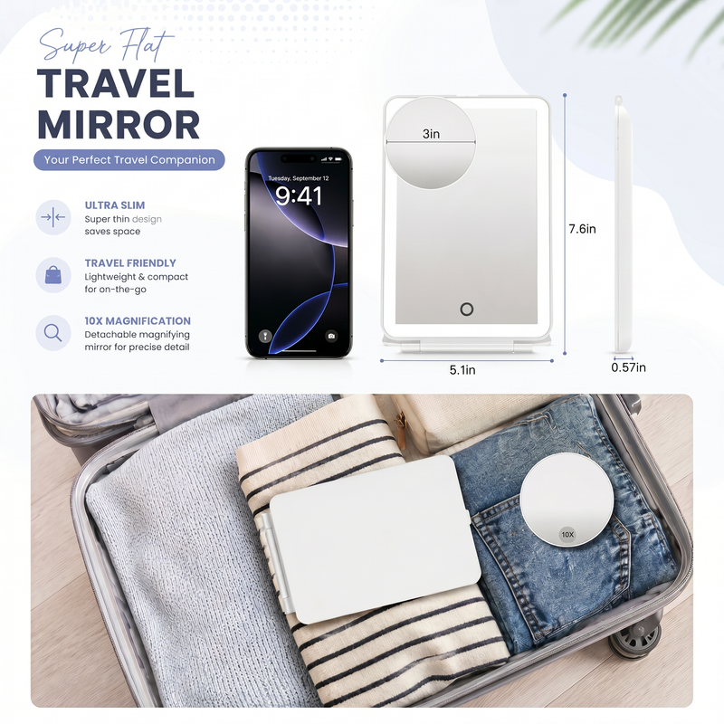 Portable LED Makeup Mirror – Rechargeable, Adjustable Brightness, Compact & Travel-Friendly - 4