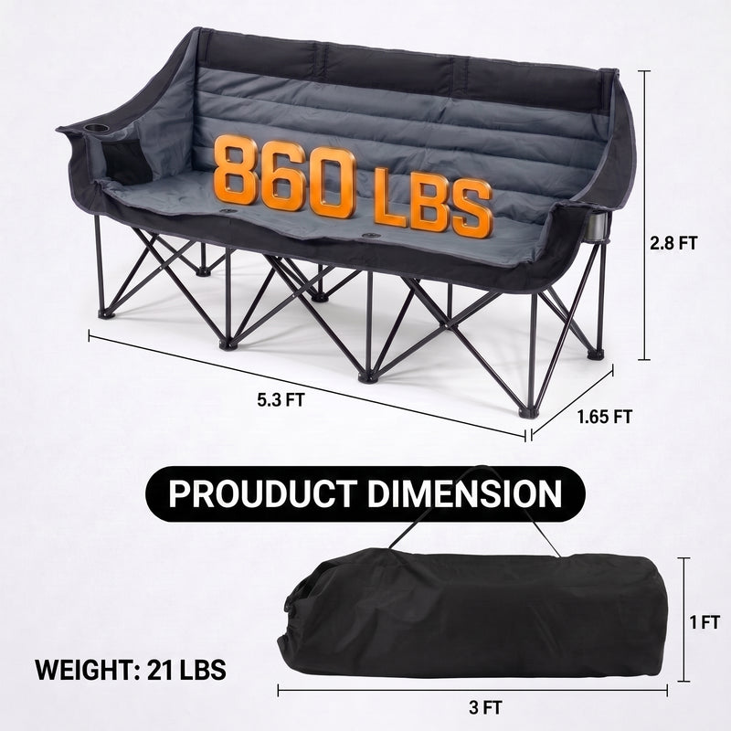Oversized Padded 3-Person Folding Camping Loveseat Chair – Heavy Duty Outdoor Seating - 4