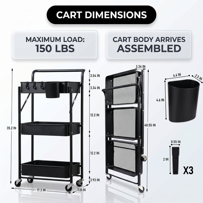 3-Tier Metal Rolling Cart – Foldable or Fixed Pegboard Styles - 4