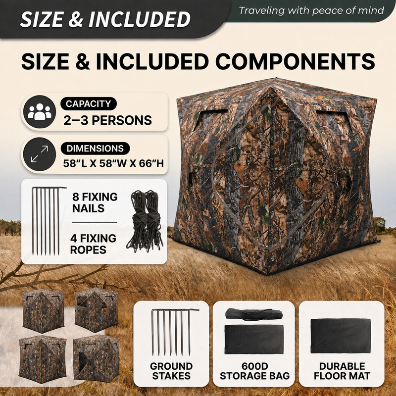 Hunting Blind with Floor Mat, 360 Degree See Through Ground Blind with Carrying Bag, 2/3/4 Person Pop Up Camouflage Tent Portable Concealed Shelter - 4