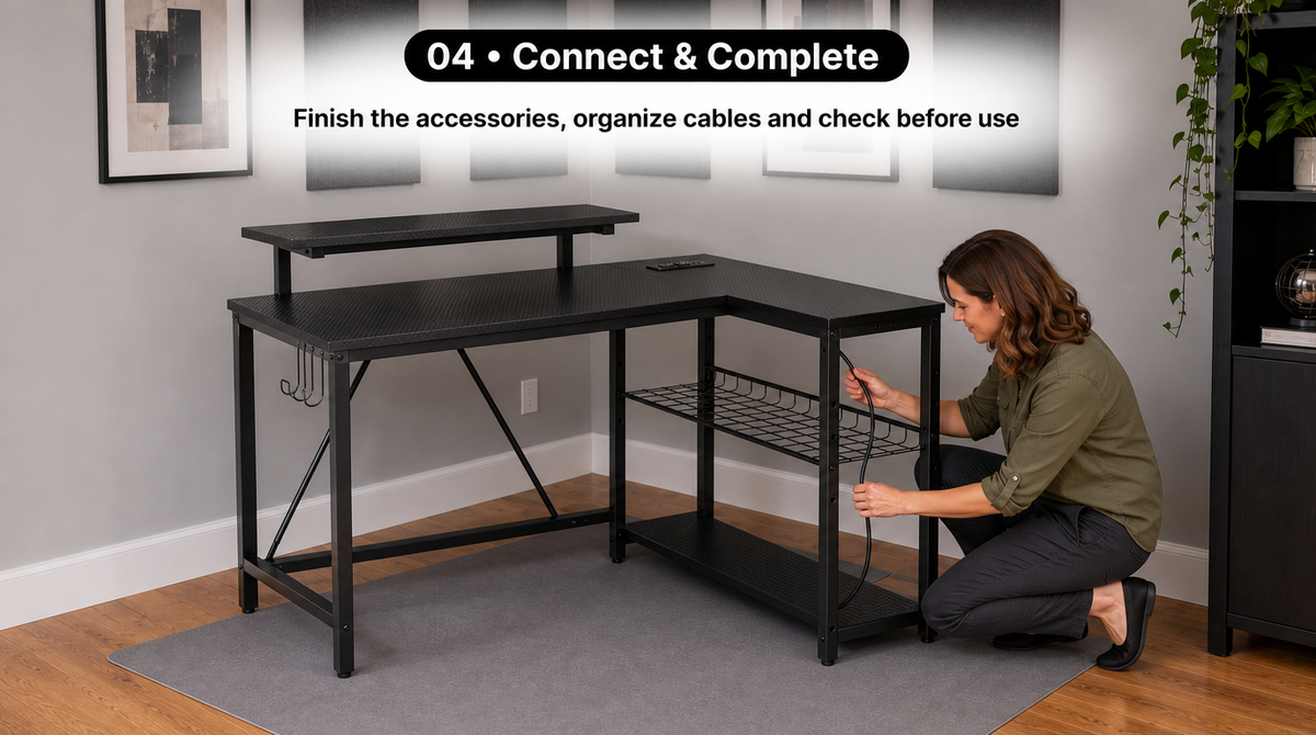 L-Shaped Gaming Desk with LED Lights & Power Outlets - assembly and setup image 4