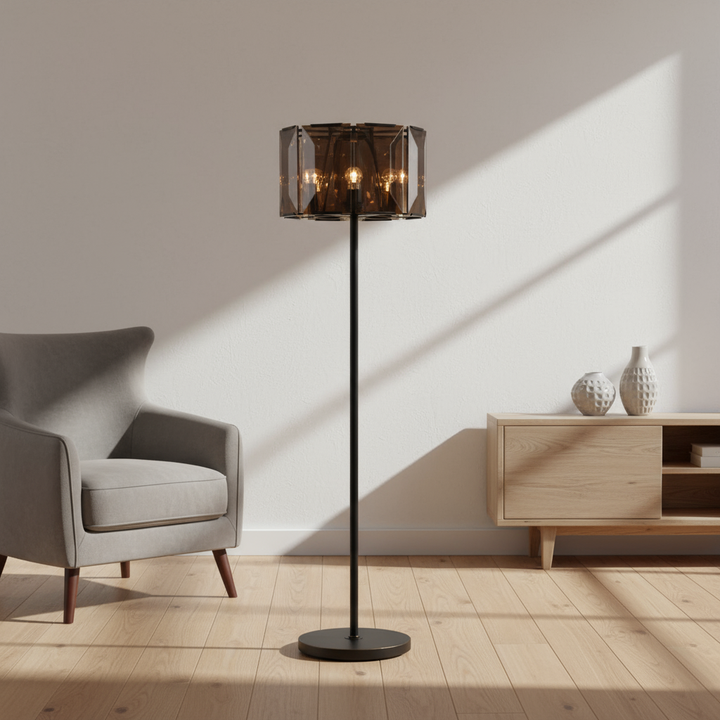 68" Dark Bronze Floor Lamp With Amber Solid Color Beveled Glass Drum Shade