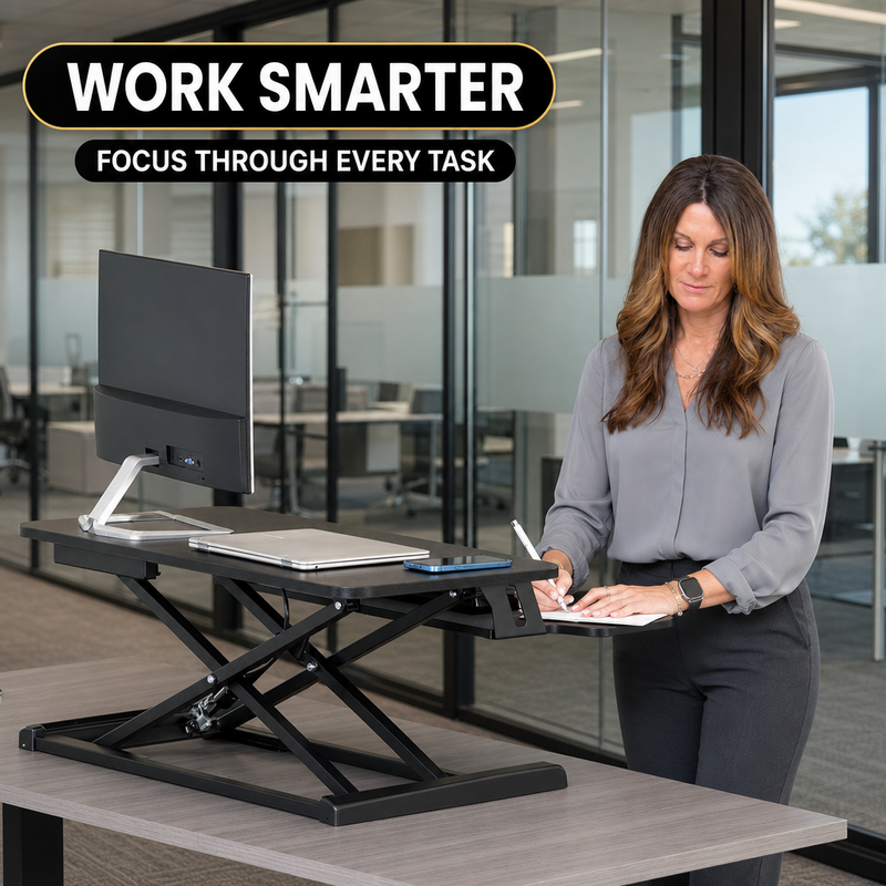 Standing Desk Converter, Height Adjustable Sit to Stand Desk Riser, Pneumatic & Electric Dual Monitor Laptop Workstation with Wide Keyboard Tray - 4