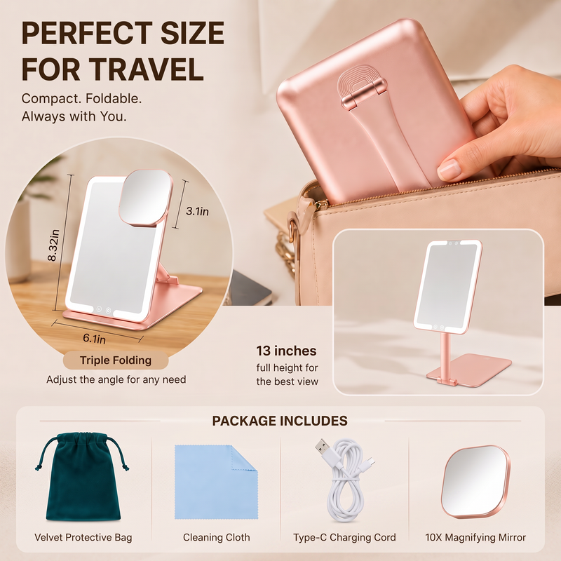 Portable LED Makeup Mirror – Rechargeable, Adjustable Brightness, Compact & Travel-Friendly