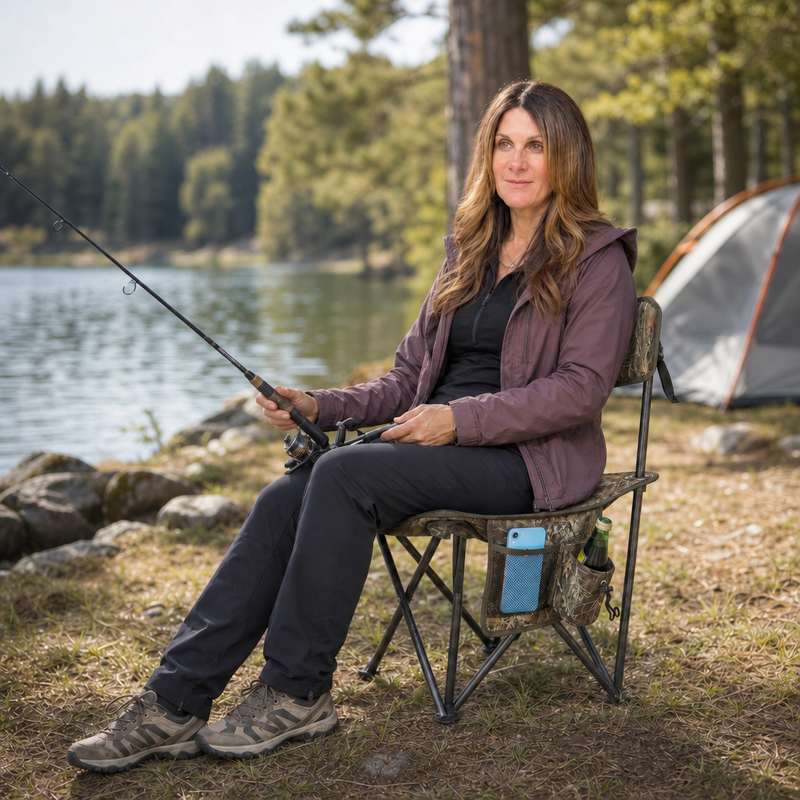 Tri-Lite Stool w/Back, Lightweight Portable Fishing Chair w/Cupholder and Carry Strap, Supports 225-Lb, Portable Outdoor Chair for the Hunting Blind, Camping, Travel, Hiking - 4