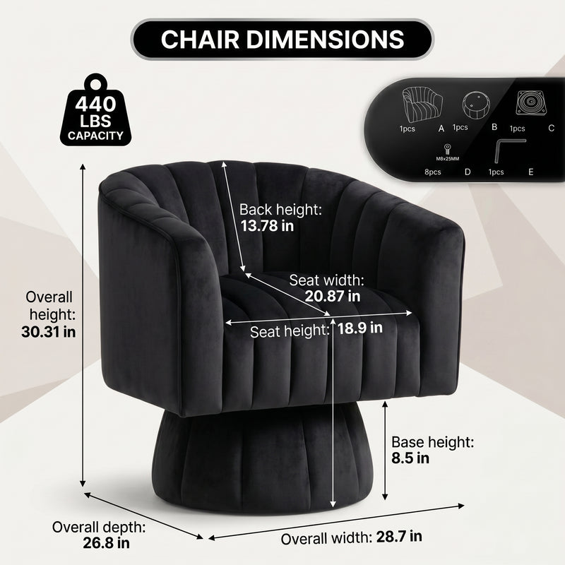 Swivel Accent Chair - Velvet 360° Barrel Chair, Mid-Century Modern Round Armchair for Living Room, Bedroom & Lounge - 4