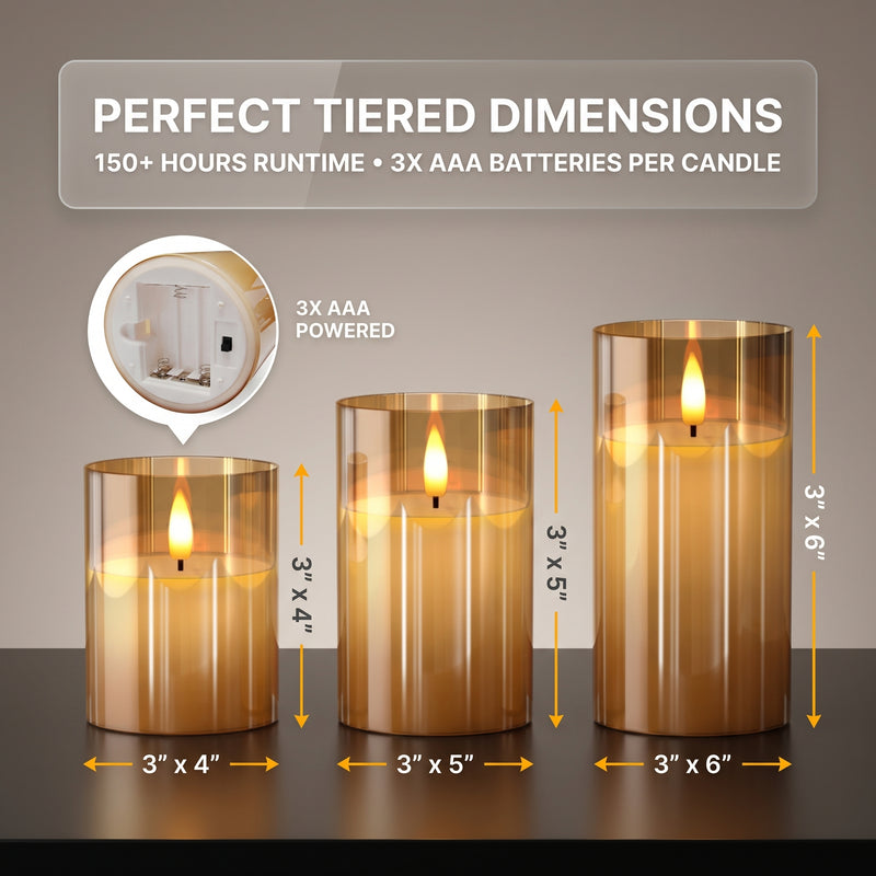 Flameless Candles with Remote & Timer – Glass Pillar Set of 3 - 4