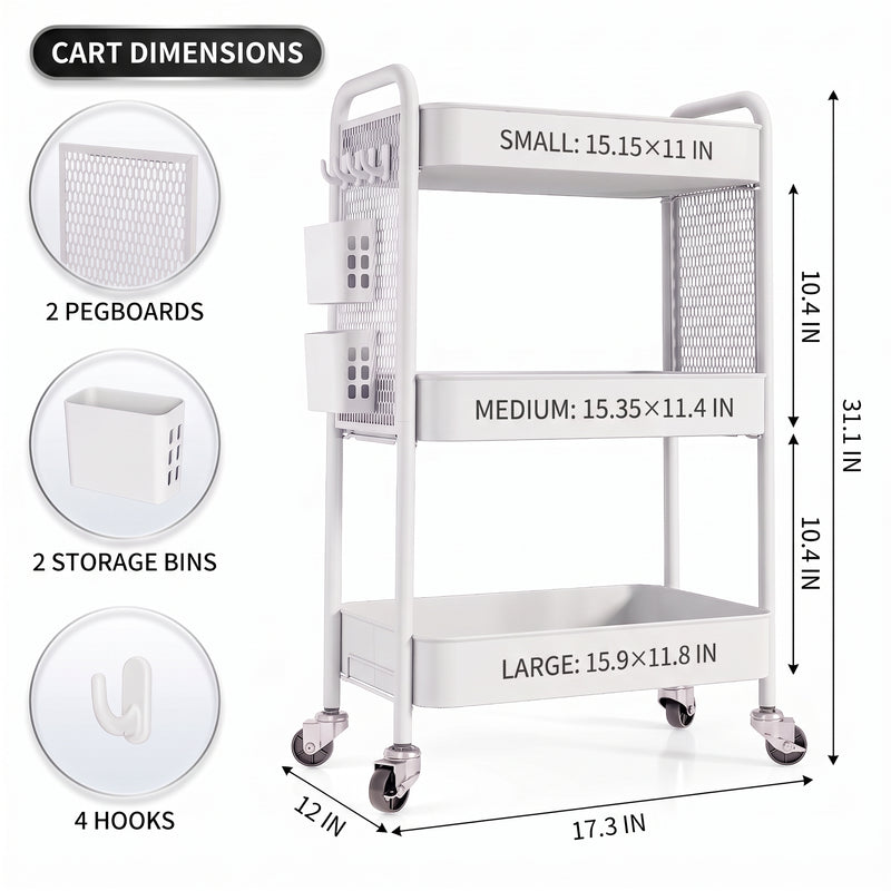 3-Tier Metal Rolling Cart – Foldable or Fixed Pegboard Styles - 4